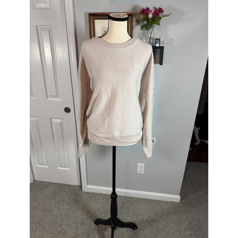 Elie Tahari Old Money Luxury Wool Cashmere Lace Up Sleeve Sweater Beige Womens L